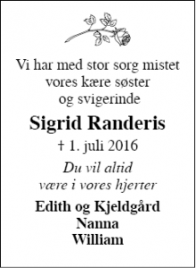 Dødsannoncen for Sigrid Randeris - Skjern