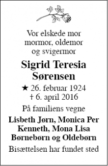 Dødsannoncen for Sigrid Teresia  Sørensen - Engesvang