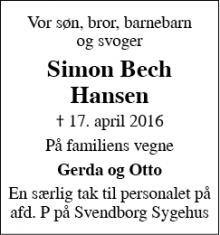 Dødsannoncen for Simon Bech Hansen - Svendborg