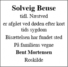 Dødsannoncen for Solveig Beuse - Roskilde