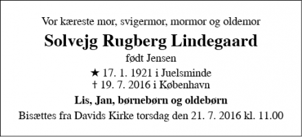Dødsannoncen for Solvejg Rugberg Lindegaard - København