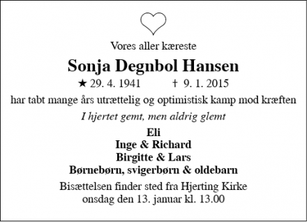 Dødsannoncen for Sonja Degnbol Hansen - Esbjerg