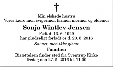 Dødsannoncen for Sonja Wintlev-Jensen - Svenstrup