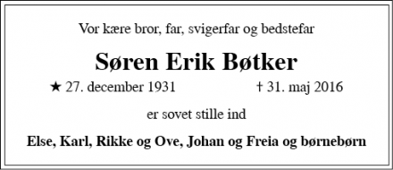 Dødsannoncen for Søren Erik Bøtker - Bagsværd