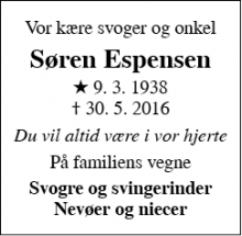 Dødsannoncen for Søren Espensen - Randes 