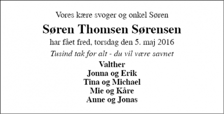 Dødsannoncen for Søren Thomsen Sørensen - Silkeborg