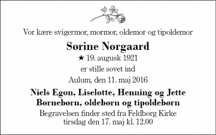 Dødsannoncen for Sørine Nørgaard - Feldborg