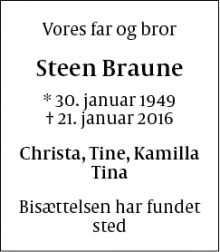 Dødsannoncen for Steen Braune - Lyngby