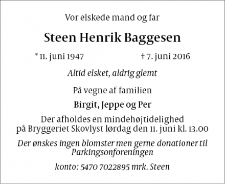 Dødsannoncen for Steen Henrik Baggesen - Ballerup