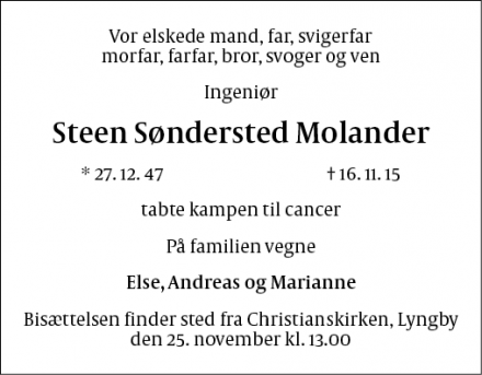 Dødsannoncen for Steen Søndersted Molander - Lyngby