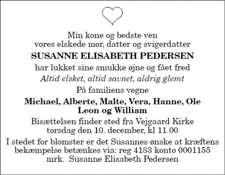 Dødsannoncen for Susanne Elisabeth Pedersen - Aalborg