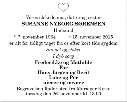 Dødsannoncen for Susanne Nyborg Sørensen - Hadsund