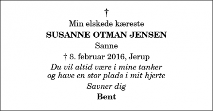 Dødsannoncen for Susanne "Sanne" Otman Jensen - Jerup