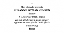 Dødsannoncen for Susanne "Sanne" Otman Jensen - Jerup