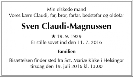 Dødsannoncen for Sven Claudi-Magnussen - Helsingør