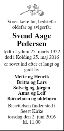 Dødsannoncen for Svend Aage Pedersen - Kolding