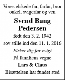 Dødsannoncen for Svend Bang Pedersen - København S