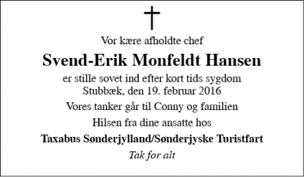 Dødsannoncen for Svend-Erik Monfeldt Hansen - Stubbæk