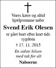 Dødsannoncen for Svend Erik Olesen - Vildbjerg