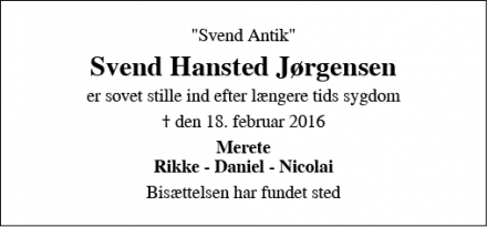 Dødsannoncen for Svend Hansted Jørgensen - Vordingborg