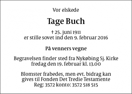 Dødsannoncen for Tage Buch - Nykøbing Sjælland