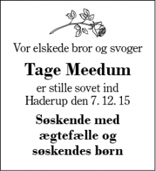 Dødsannoncen for Tage Meedum - Haderup