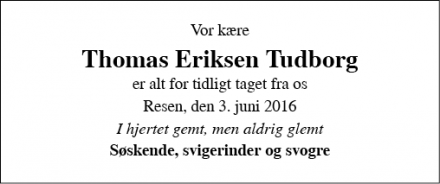 Dødsannoncen for Thomas Eriksen Tudborg - Resen