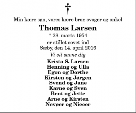 Dødsannoncen for Thomas Larsen - Sæby 