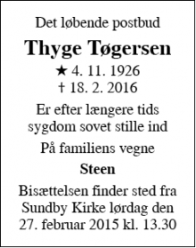 Dødsannoncen for Thyge Tøgersen - København S