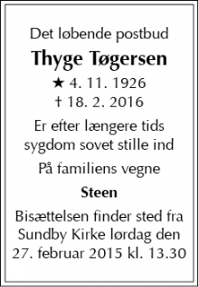 Dødsannoncen for Thyge Tøgersen - København S