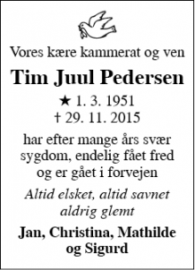 Dødsannoncen for Tim Juul Pedersen - Hillerød