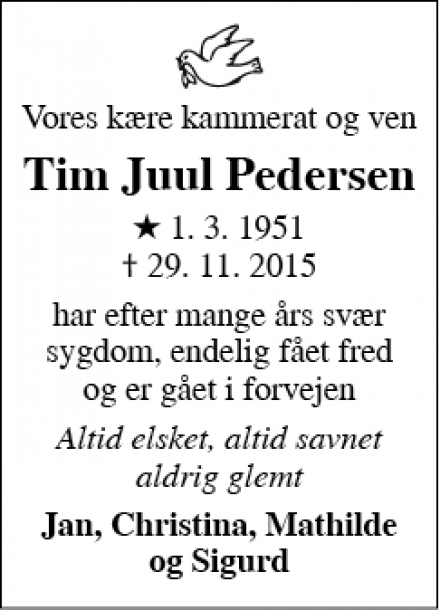 Dødsannoncen for Tim Juul Pedersen - Hillerød