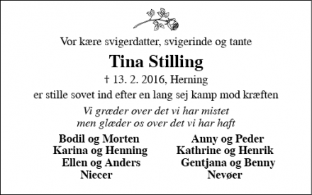 Dødsannoncen for Tina Stilling - ringkøbing