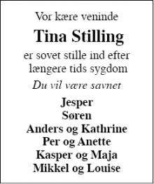 Dødsannoncen for Tina Stilling - Ringkøbing 