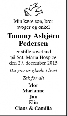 Dødsannoncen for Tommy Asbjørn Pedersen - Vamdrup