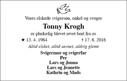 Dødsannoncen for Tonny Krogh - Hellem, 9520 Skørping