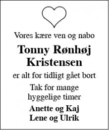 Dødsannoncen for Tonny Rønhøj Kristensen - Grønbjerg, 6971 Spjald