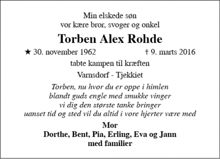 Dødsannoncen for Torben Alex Rohde - Vojens