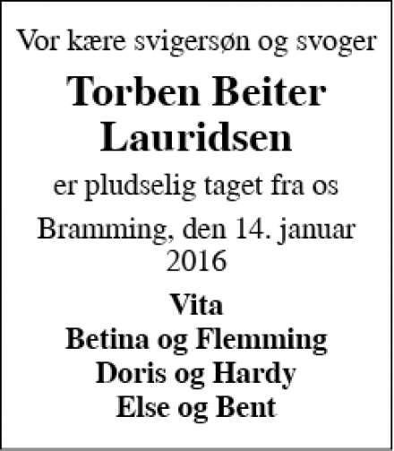 Dødsannoncen for Torben Beiter Lauridsen - Bramming