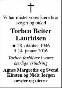 Dødsannoncen for Torben Beiter Lauridsen - Bramminge