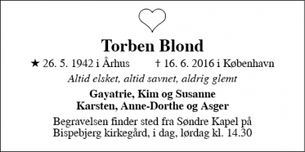 Dødsannoncen for Torben Blond - København