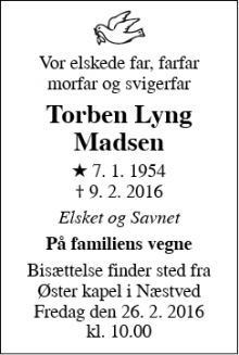 Dødsannoncen for Torben Lyng Madsen - Næstved