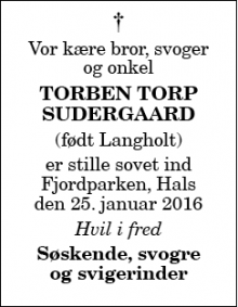 Dødsannoncen for Torben Torp Sudergaard - Vodskov