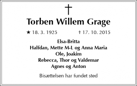 Dødsannoncen for Torben Willem Grage - København