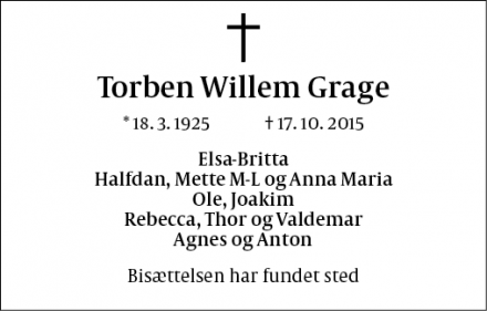 Dødsannoncen for Torben Willem Grage - København
