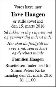 Dødsannoncen for Tove Haagen - Bjert