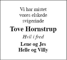 Dødsannoncen for Tove Hornstrup - Hvam  7500 Holstebro