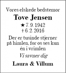 Dødsannoncen for Tove Jensen  - Snejbjerg 