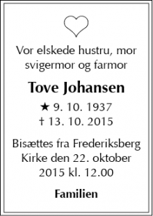 Dødsannoncen for Tove Johansen - Frederiksberg