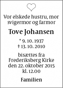 Dødsannoncen for Tove Johansen - Frederiksberg